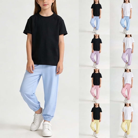 HAOTAGS Girls Outfit Sets, Brethable Solid Short Sleeve Top and Elastic Waist Mosquito Pants Set Black Size 11