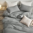 thumbnail image 4 of MooMee Striped Duvet Cover Set Twin 100% Washed Cotton Linen Like Textured Breathable 2-Piece (Dark Grey& White Wide Stripes, 68"x90"), 4 of 7