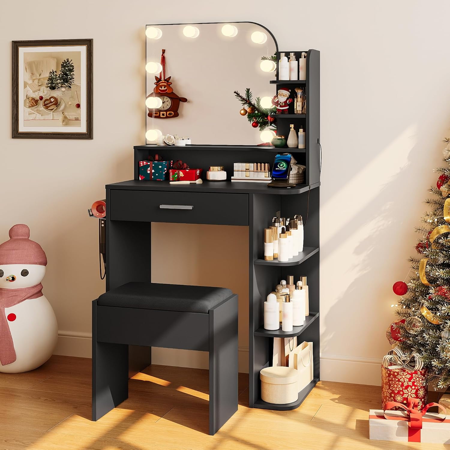 makeapile Makeup Vanity with Chair, Small Vanity Desk with Mirror , Lights 3 Colors and Power Outlet, Compact Vanity Table for Small Space, Black