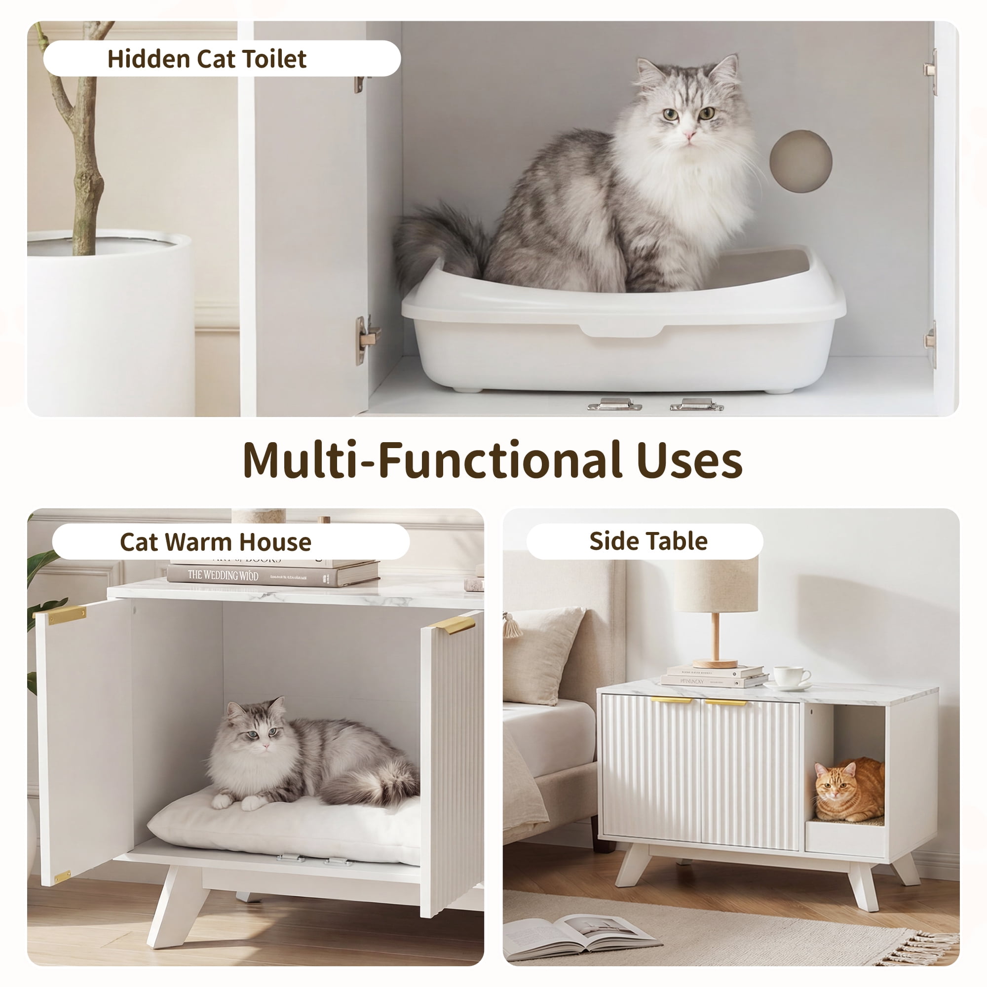 YDN Home Cat Litter Box Enclosure - 31.5 inch Wood Hidden Cat Litter Box Furniture for 2 Cats, Indoors Cats Washroom Cabinet Side Table with Scratching Pad for Living Room & Bedroom,White