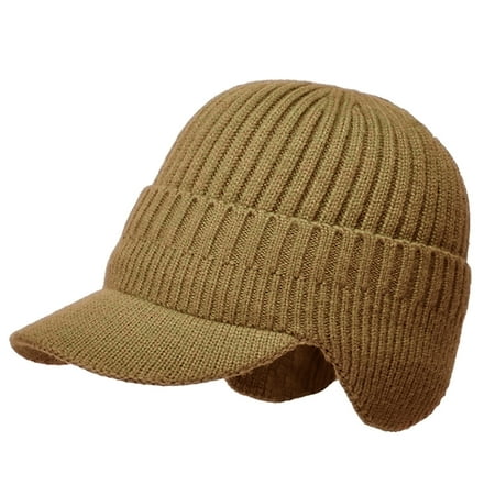 IYTR Men s Winter Visor Beanie Hat with Earflaps Solid Knit Baseball Cap Ski Hat Warm Fleece Lined Hunting Hat Khaki Free Size