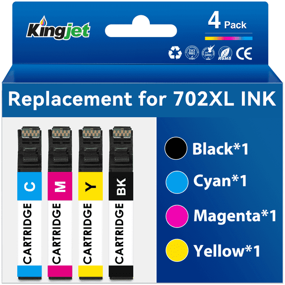 Kingjet Ink Compatible with Epson 702 Ink Cartridges for Workforce Pro WF3720 WF3733 WF3730 Printer (Black Cyan Magenta Yellow, 4-Pack)