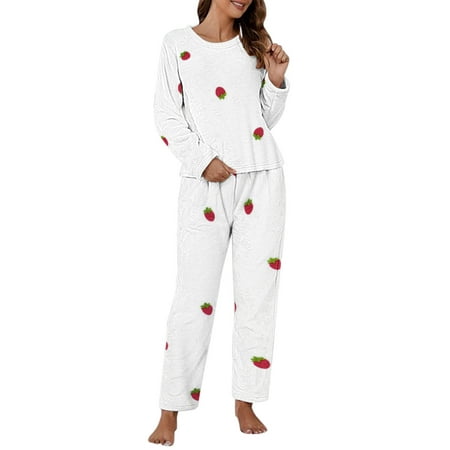 

Zlekejiko Women Casual Pajamas Sets Coral Fleece Long Sleeve Tops And Long Pants Strawberry Printing Sleepwear Two Piece Set