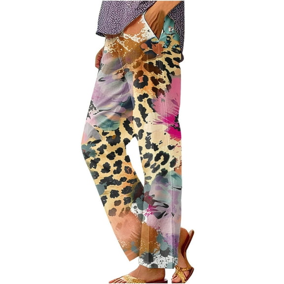 QATAINLAV Capri Pants for Women 2025 Fashion Leopard Print Straight Leg Cropped Trousers Summer Casual Elastic Waist Going Out Beach Pants with Pockets Multicolor XXL