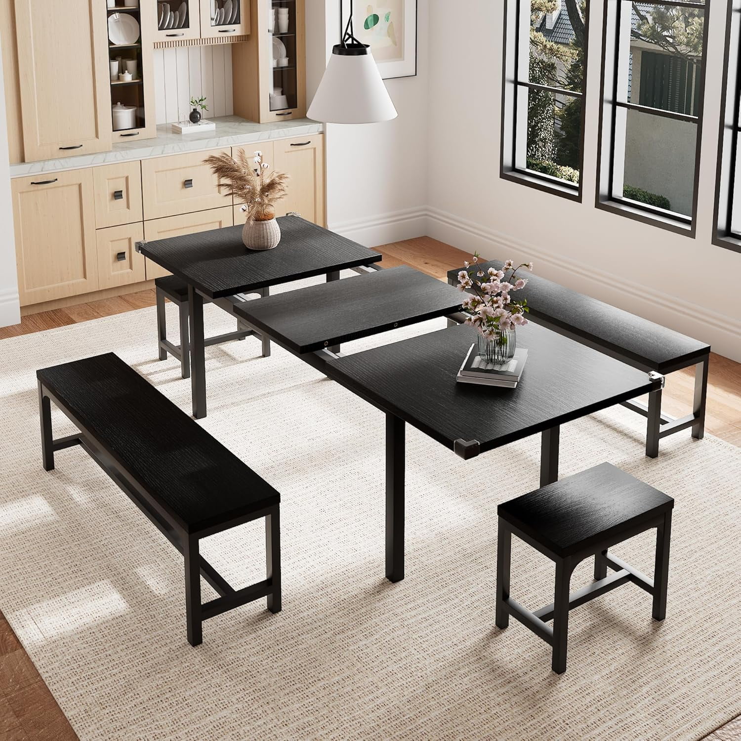 Honfach 5 Piece Dining Table Set for 4-8 People, 63" Large Extendable Kitchen Table Set with 2 Benches and 2 Square Stools, Black