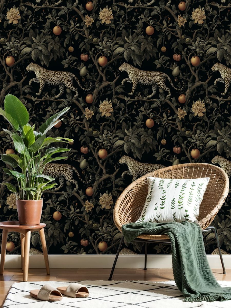 Peel and Stick Wallpaper Leopard Walking Among Fruits Flowers Botanical Garden Wall Mural 17.7in x 9.8ft Self Adhesive Removable Wall Paper Renter Friendly Wallpaper for Nursery Bedroom Cabinets