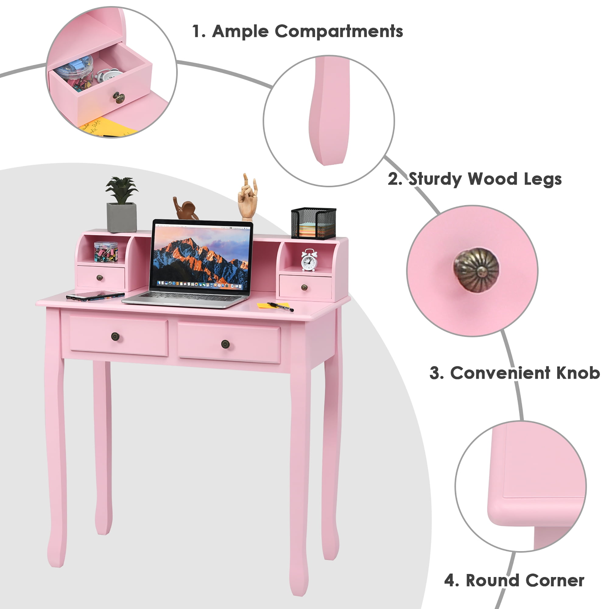 Costway Writing Desk Makeup Vanity Table Home Office Computer Desk 4 Drawer Pink