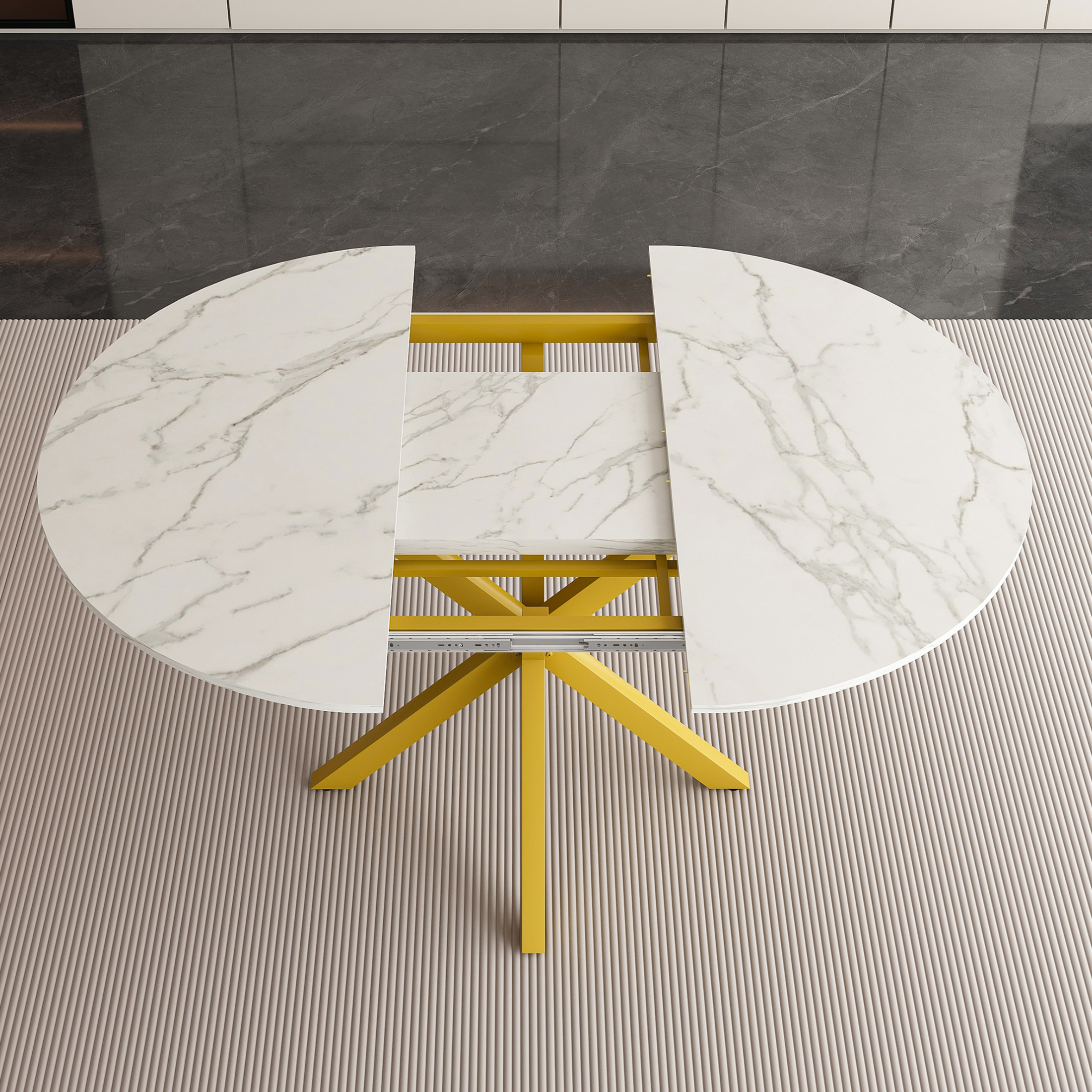 Noble House Modern 59" Round Extendable Dining Table with Marble Top, Steel X-Base, 4-6 Person, White