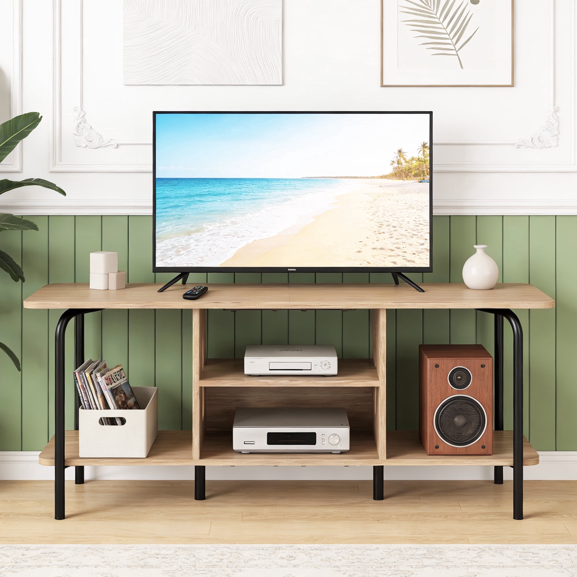 Manora  TV Stand for 55 inch, Modern Entertainment Center 3-Tier TV Console Table with Open Shelf for Living Room,Natural Color