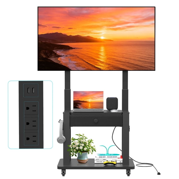 Hellsehen Rolling TV Stand with Fabric Drawers Power Outlet Adjustable Height for 32-75 inch Flat Screens Black