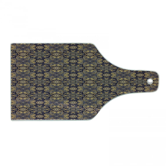 Mandala Cutting Board, Eastern Revival Curlicues Leaves and Rich Flora, Decorative Tempered Glass Cutting and Serving Board, Wine Bottle Shape, Earth Yellow Indigo, by Ambesonne