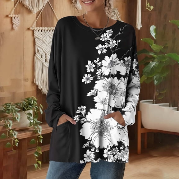 Craaazy Women's Graphic Printing Loose Fit Casual Daily Crewneck Long Sleeve Tops with Pockets Gifts