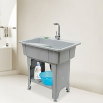 Laundry Sink,Freestanding Plastic Laundry Sink with Washboard,Utility Sink with Hot and Cold Faucet,Hoses and Drain Kit for Laundry Room&Garage Basement Garden