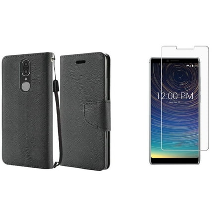 Leather Shield Protector Case Bemz Bling Wallet Compatible with Coolpad Legacy (2019) Case PU Leather ID Window Card/Money Holder Magnetic Flip Cover (Black), Tempered Glass Screen Protector and Atom Cloth ()