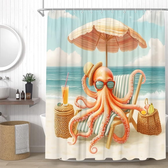 ABDFHE-Funny Octopus Shower Curtain Beach Ocean Animal Sea Tentacles Kraken Coastal Fun Summer Bathroom Decor Curtains Set with Hooks, 70" W x 70" H