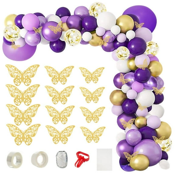 117PCS Purple Balloons Garland Kit, Light Pastel Purple Latex Balloon Arch Set, Party Decorations Supplies with Golden Butterflies for Weddings, Birthday Parties, Anniversaries
