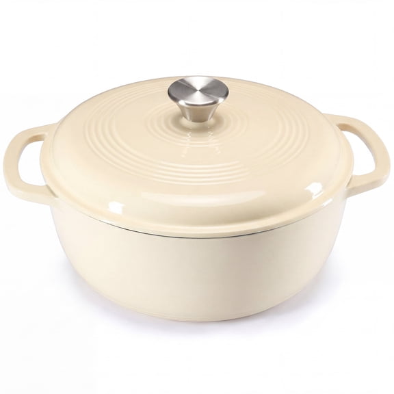 SHOUFTW 6 Quart Enamel Cast Iron Dutch Oven with Moisture-Sealing Lid for Bread Baking Braising & Slow Cooking, Dual Handles, Oven Safe, Beige