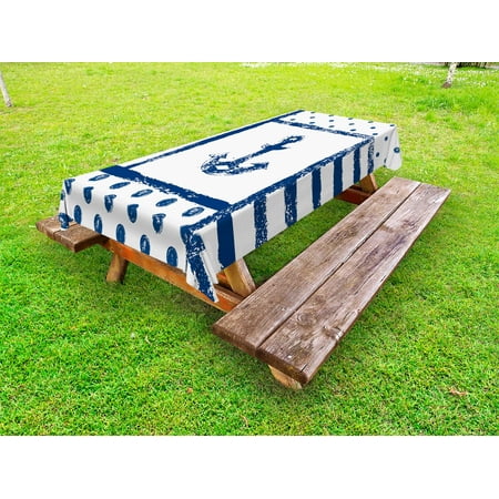 

Anchor Outdoor Tablecloth Grunge Murky Boat Anchor Silhouette with Polka and Stripe Retro Navy Theme Art Decorative Washable Fabric Picnic Tablecloth 58 X 104 Inches Dark Blue White by Ambesonne
