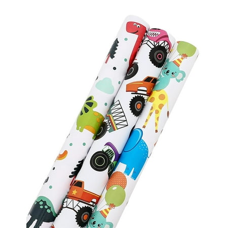Birthday Wrapping Paper for Kids Boys Girls - Dinosaur Monster Truck Gift Wrap Paper for Baby Shower Party - 3 Rolls, 24x120 inch