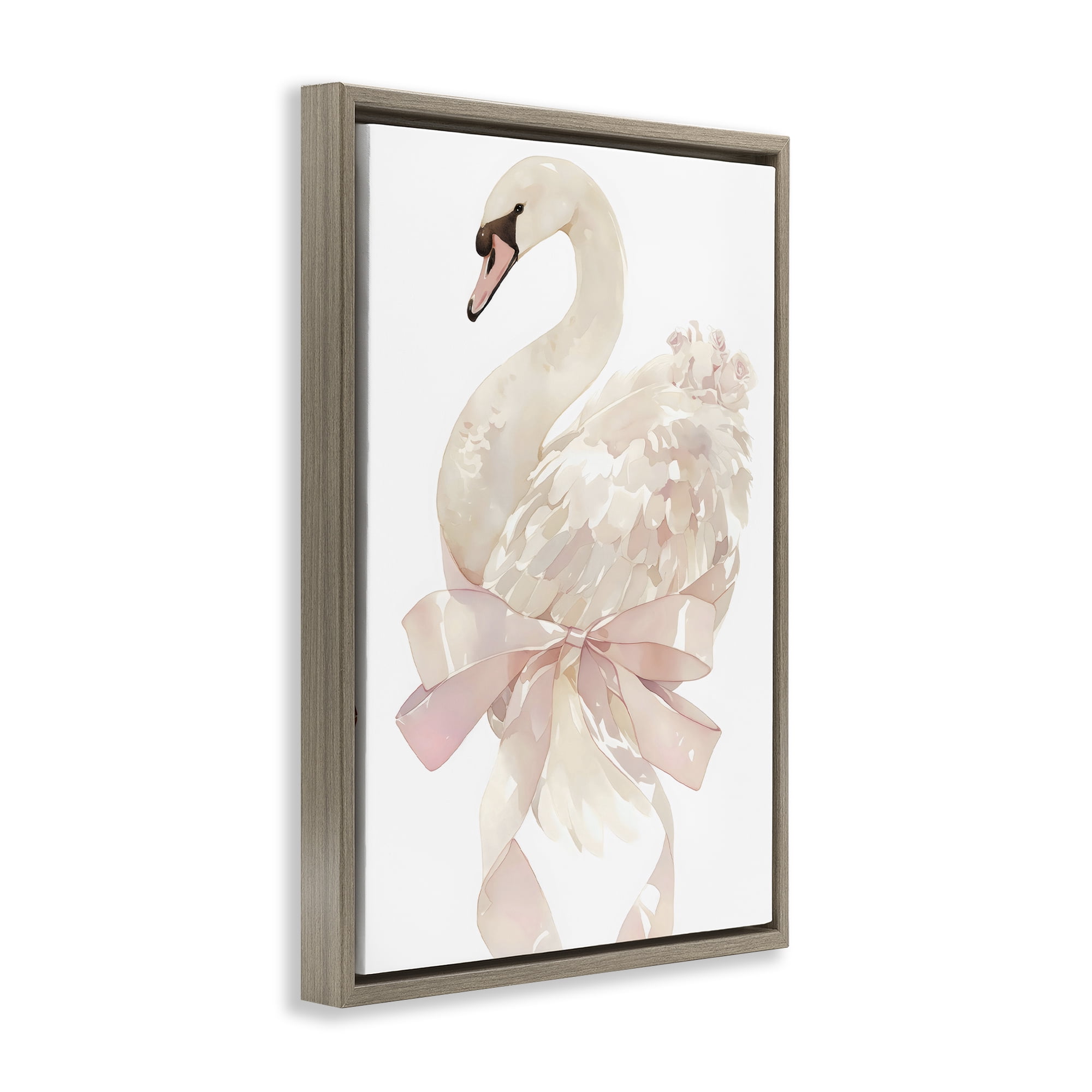 Stupell Industries Coquette Swan with Bow Brown Framed Floater Canvas Wall Art, design by Creative Studio