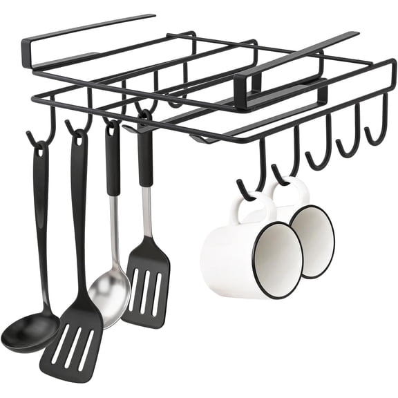 Black Stainless Steel Under Cabinet Shelf, No-Hole Multifunctional Organizer for Paper Towel, Mug Hooks, Cutting Board, Cups & Kitchen Utensils