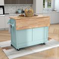 thumbnail image 2 of Kitchen Island Cart on Wheels, Mobile Kitchen Cart with Rubber wood Drop-Leaf Countertop, Concealed Sliding Barn Door Adjustable Height, Kitchen Island with Storage Cabinet and 2 Drawers, Mint Green, 2 of 7