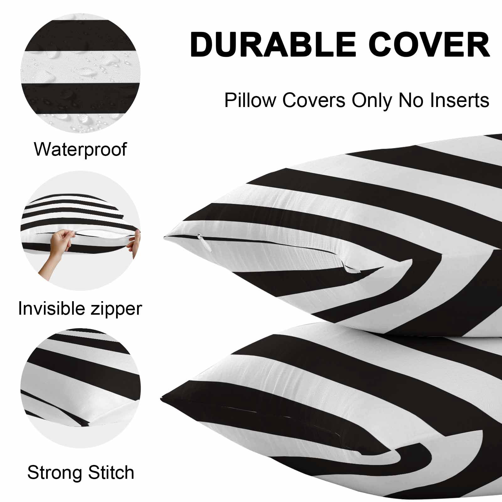 Simple Stripe Outdoor Pillow Covers Set of 2 Black and White Waterproof Throw Pillow Case Decorative Square Cushion Cover for Patio Couch Garden Balcony, 26"x26"