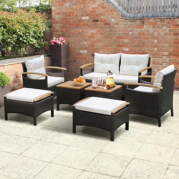 Gymax 7PCS Rattan Patio Conversation Furniture Set Cushioned Outdoor Wicker Sofa Set