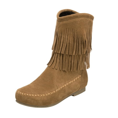

iOPQO Women s Mid-Calf Boots Ankle Autumn Fashion Flat Thigh Boots Soft Warm Fringe Woman Winter Shoes Women s Boots heel solid color mid-tube Yellow 39