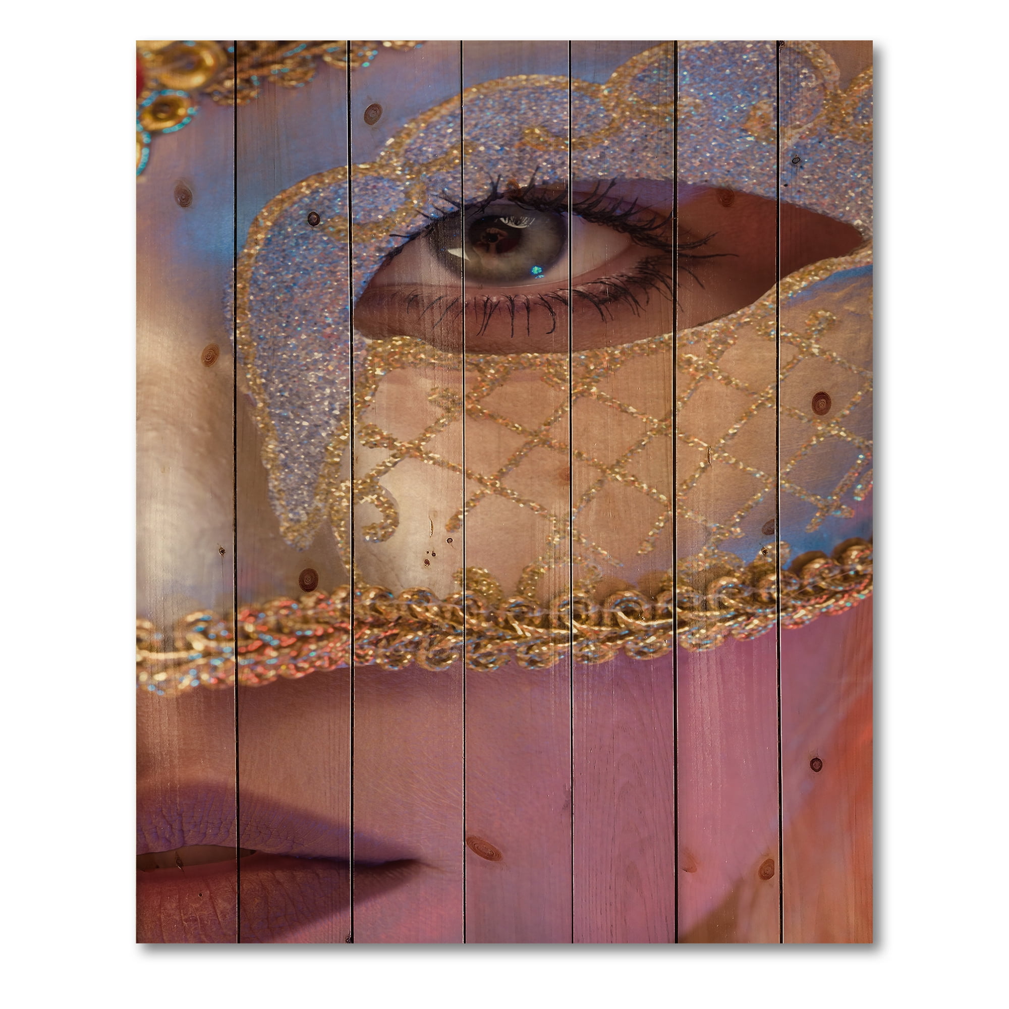 Designart 'Venetian Mask On Female Face' Modern Print on Natural Pine Wood