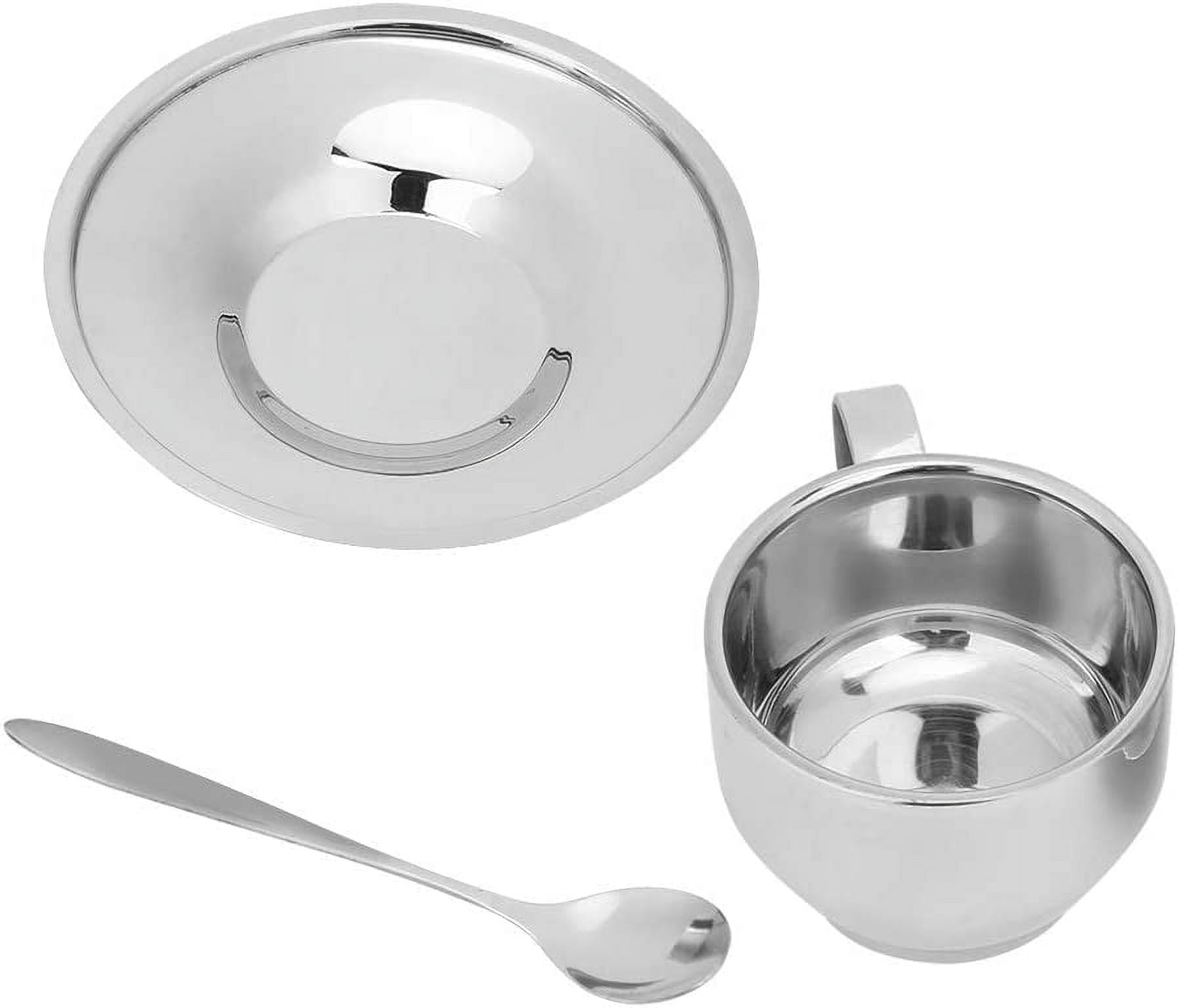 ABCISI Stainless Steel Coffee Cup Set, 6oz/180ml Coffee Mug with Saucer and Spoon, Double Walled Insulated Espresso Cups for Milk Tea Cappuccino Latte, Dishwasher Safe, Silver
