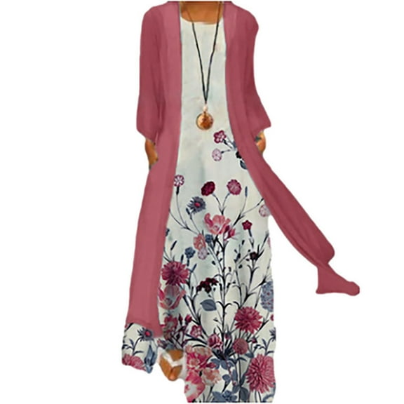 LoyisViDion Womens Plus Size Dresses Clearance Women Casual Floral Print O-Neck Sleeveles Dress Solid Chiffon Two-Piece Set Pink 8(L)