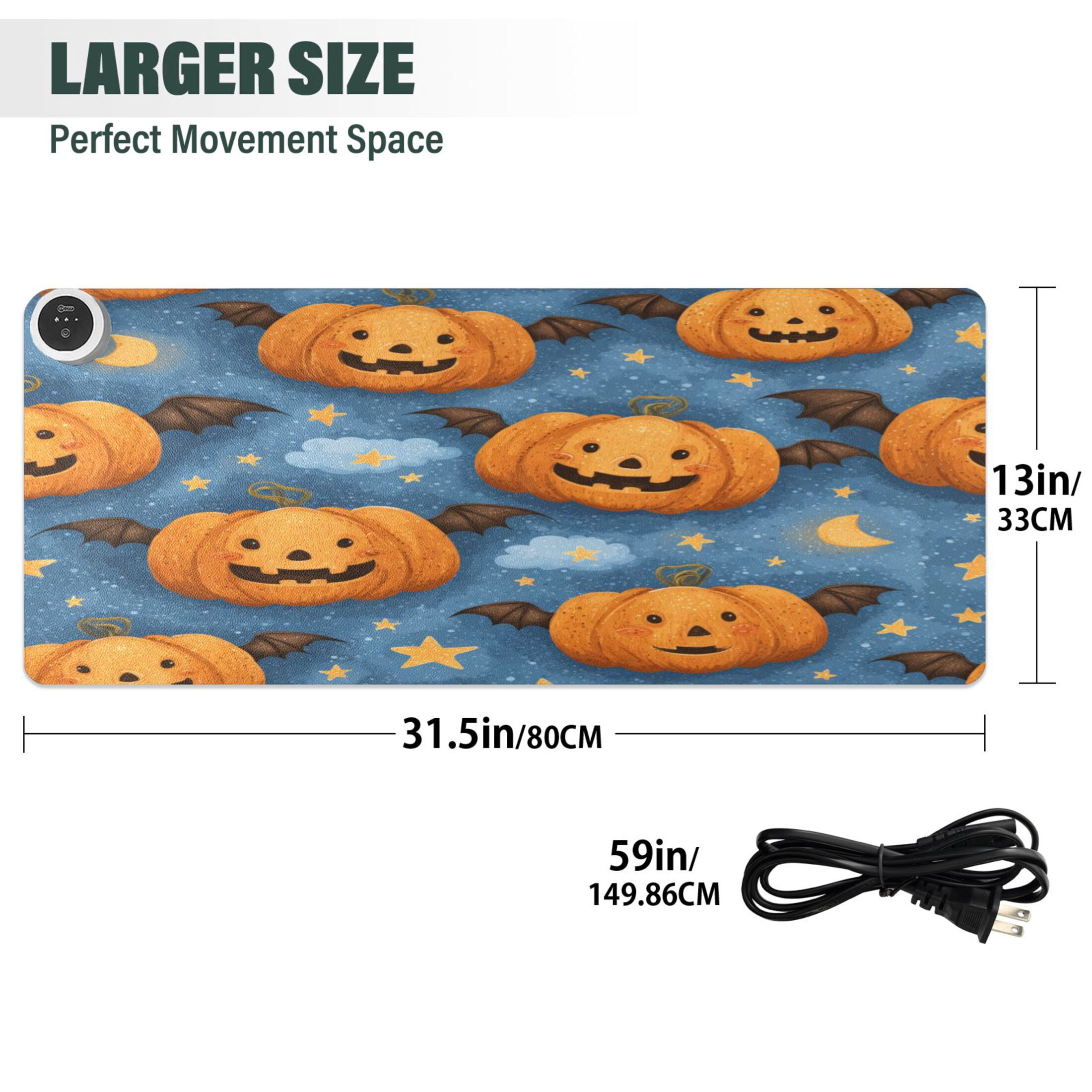 Large Heated Desk Mat Mouse Pad 31.5"x13"PU Leather Graphene Heating Desk Warmer with 3 Temperature Settings 110V US Plug Non-Slip Warm Pad for Home, Office, and Gaming Spooky Evil Pumpkin Designs