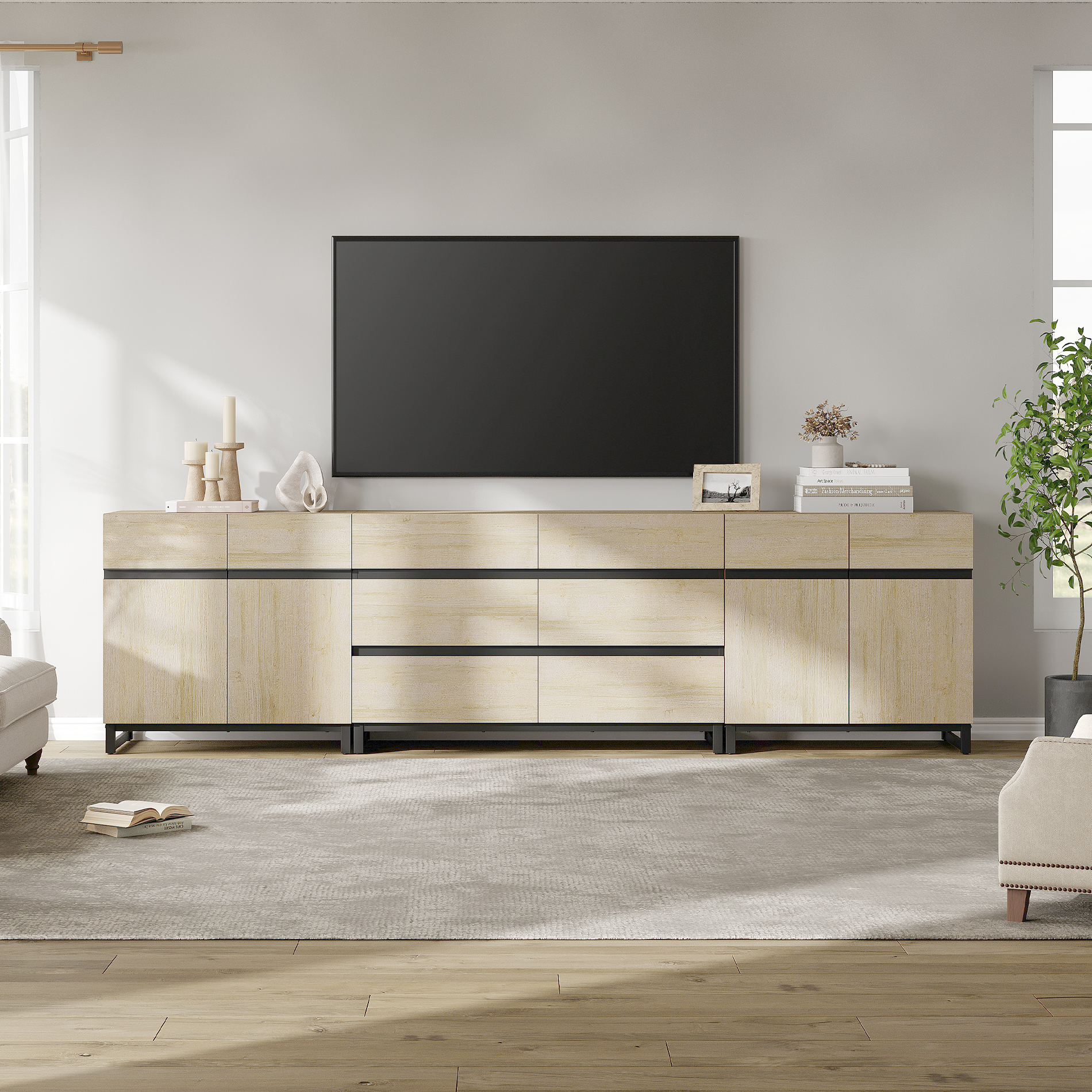 WAMPAT 3-in-1 Modern TV Stand for TVs up to 120 Inch，6 Drawers, Doors & Adjustable Shelf Media Console，Entertainment Center for Living Room & Bedroom,Beige