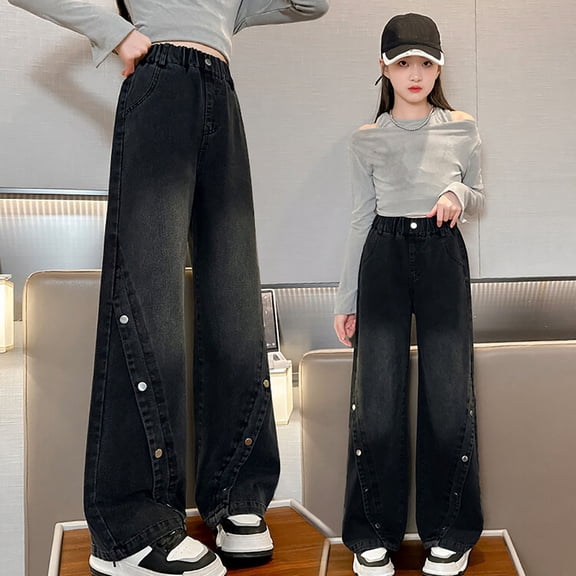 Girls' Pants Elastic High Waist Wide-Leg Palazzo Denim Pants Baggy Denim Pants with Pockets for Little Girls 10-11 Years
