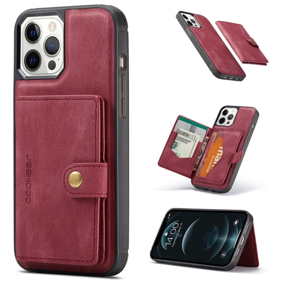 iPhone 12 Pro Case, iPhone 12 Case, with Detachable Magnetic Card Pockets,fit Car Mount, 2 in 1 Functional Money Card Sleeve Kickstand Back Flip Cover For Apple iPhone 12/12 Pro - Red