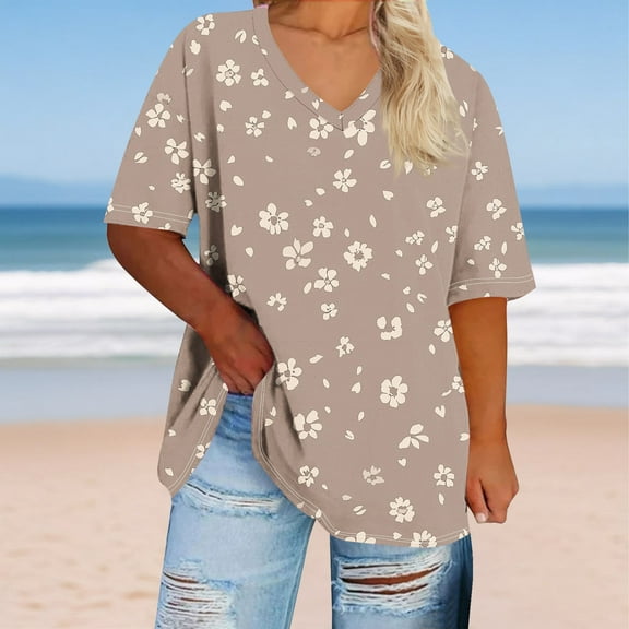 New trending & for spring GaThRRgYP Womens Plus Size Tops Tunic Short Sleeve Shirts,Women's Oversized V-neck Short Sleeved Solid Summer Base Shirt Sports T-shirt Beige XL