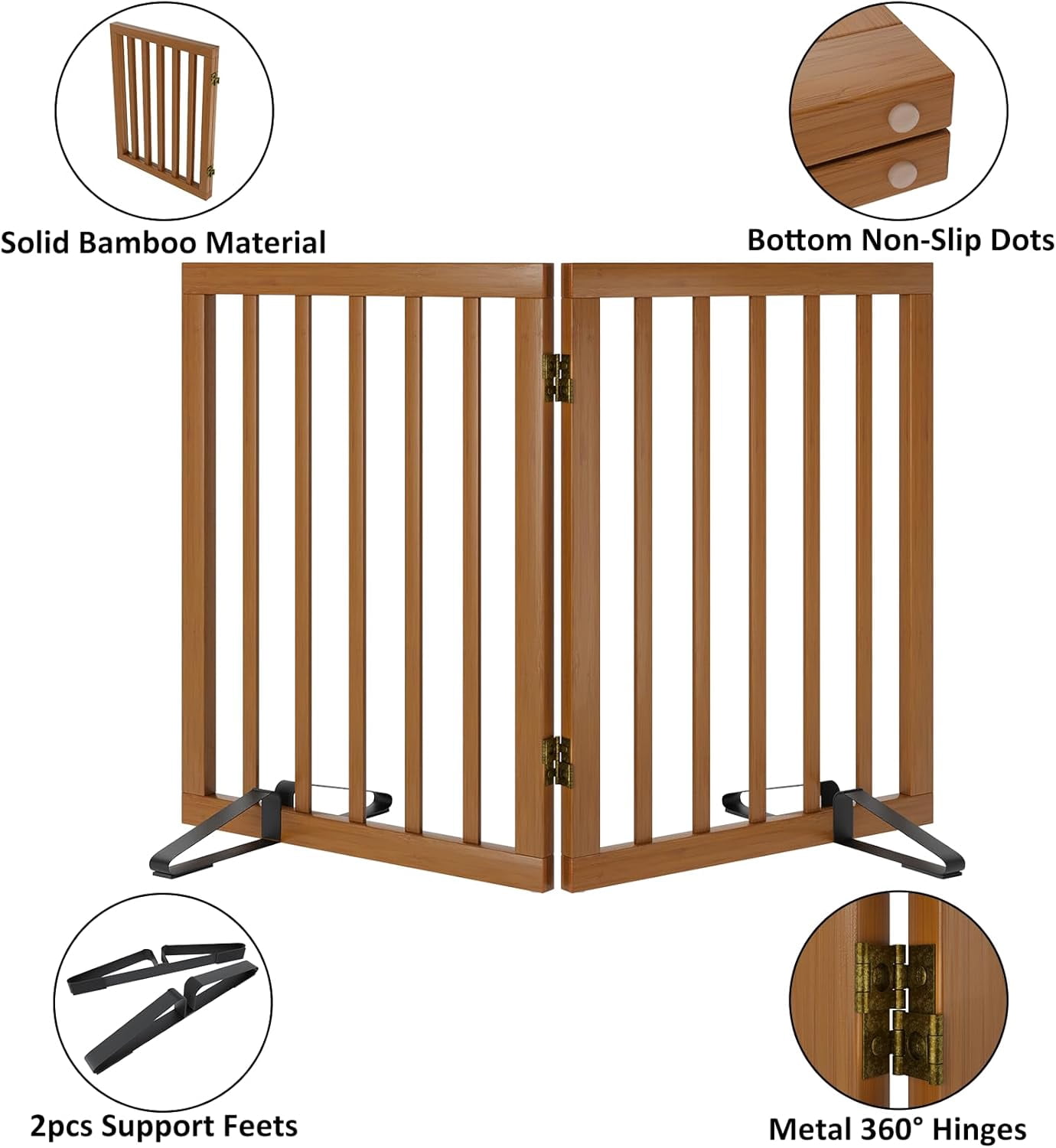 Smart FENDEE Bamboo Dog Gates for Doorways Freestanding Pet Gate, 2 Support Feet, 24"H, Walnut