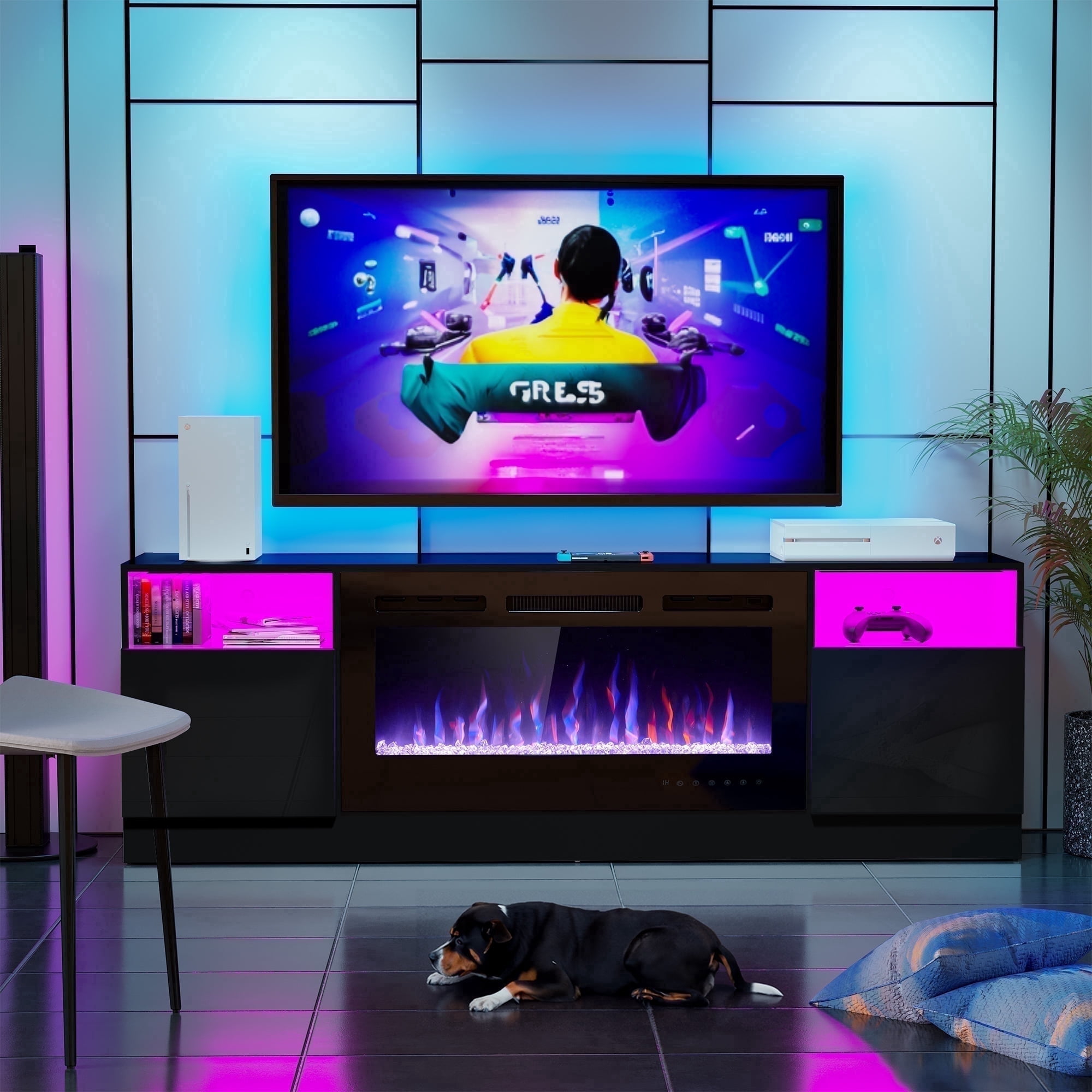 HARIPUL 70" TV Stand with 36" Electric Fireplace, LED Entertainment Center for TVs up to 80", Media Console with Storage, Black