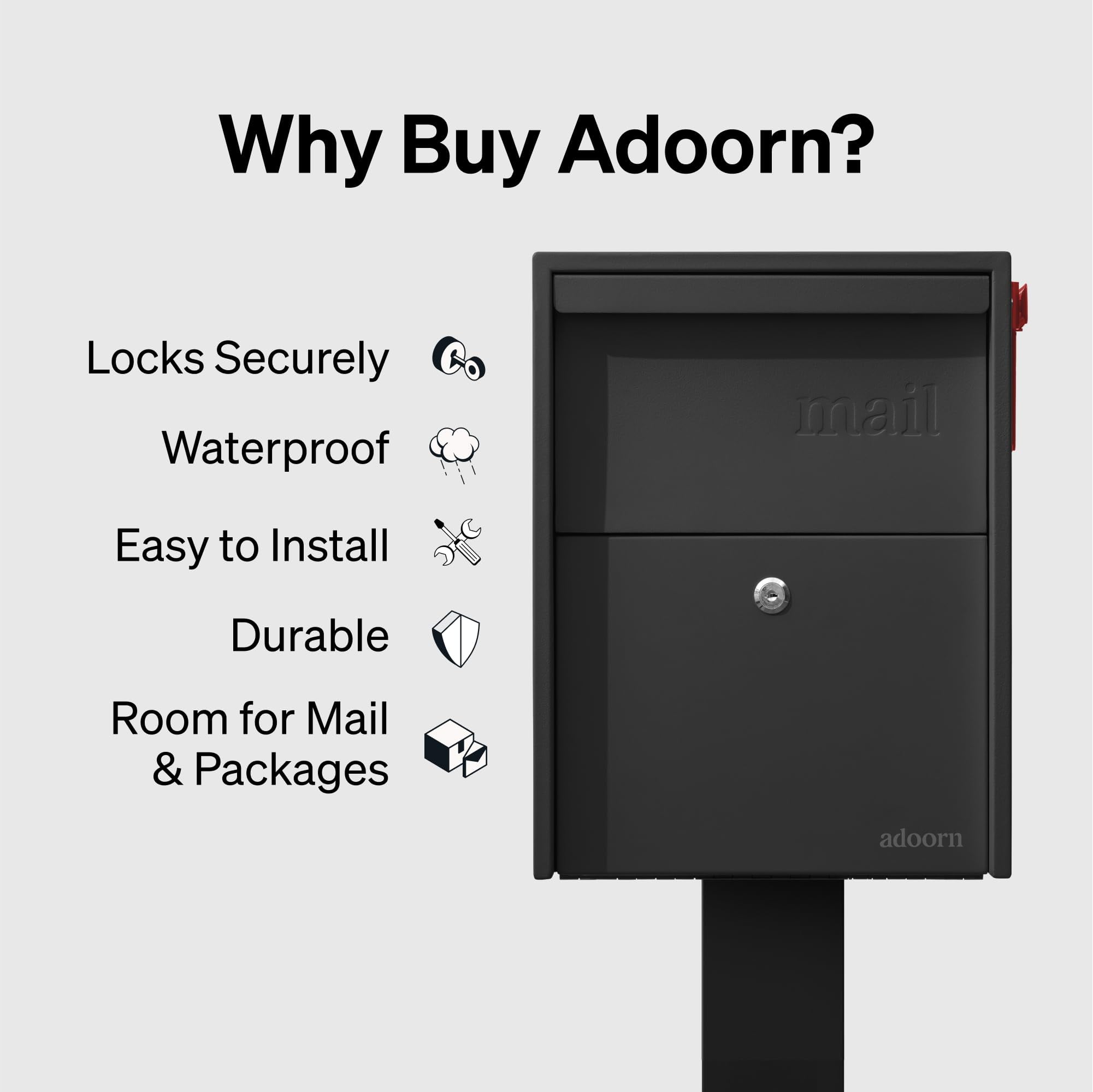 Adoorn Lockable Post Mount Mailbox | Large Size - Anti-Theft Locking Mailbox, 15.5" H x 12" W x 18.5" D, Weatherproof Mailboxes for Outside The House