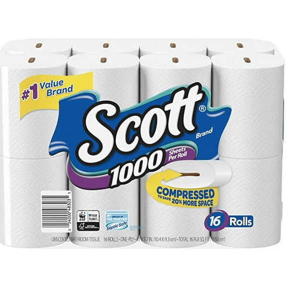 Scott 1000 Sheets Per Roll Toilet Paper, Bath Tissue, 16 Rolls (Pack of 1)