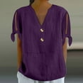 thumbnail image 2 of MIXUE Womens Summer Tops Summer Solid Color V Neck Button Short Sleeve Cold Shoulder Casual T Shirts Daily-Wear,Purple,M, 2 of 5