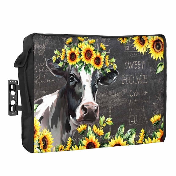 Outdoor TV Cover 40 to 43 Inches, Cow Sunflower Plant Farm Flower Black Background Waterproof and Weatherproof TV Cover with Remote Control Pocket, Flat Screen TV Cover Protector for Outside TV