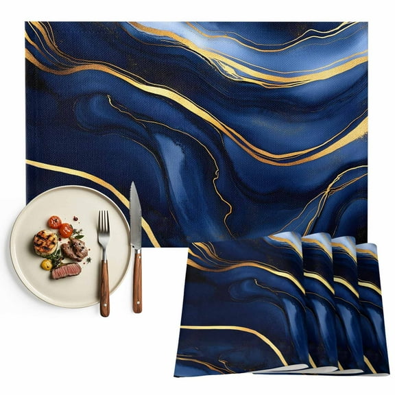 Dark Blue Abstract Marble Texture Placemats Set of 8, Gold Fluid Art Lines Table Mats Washable Heat-Insulation Non-Slip Place Mats for Kitchen Dinner Table Indoor Outdoor Decor,13x19 Inch