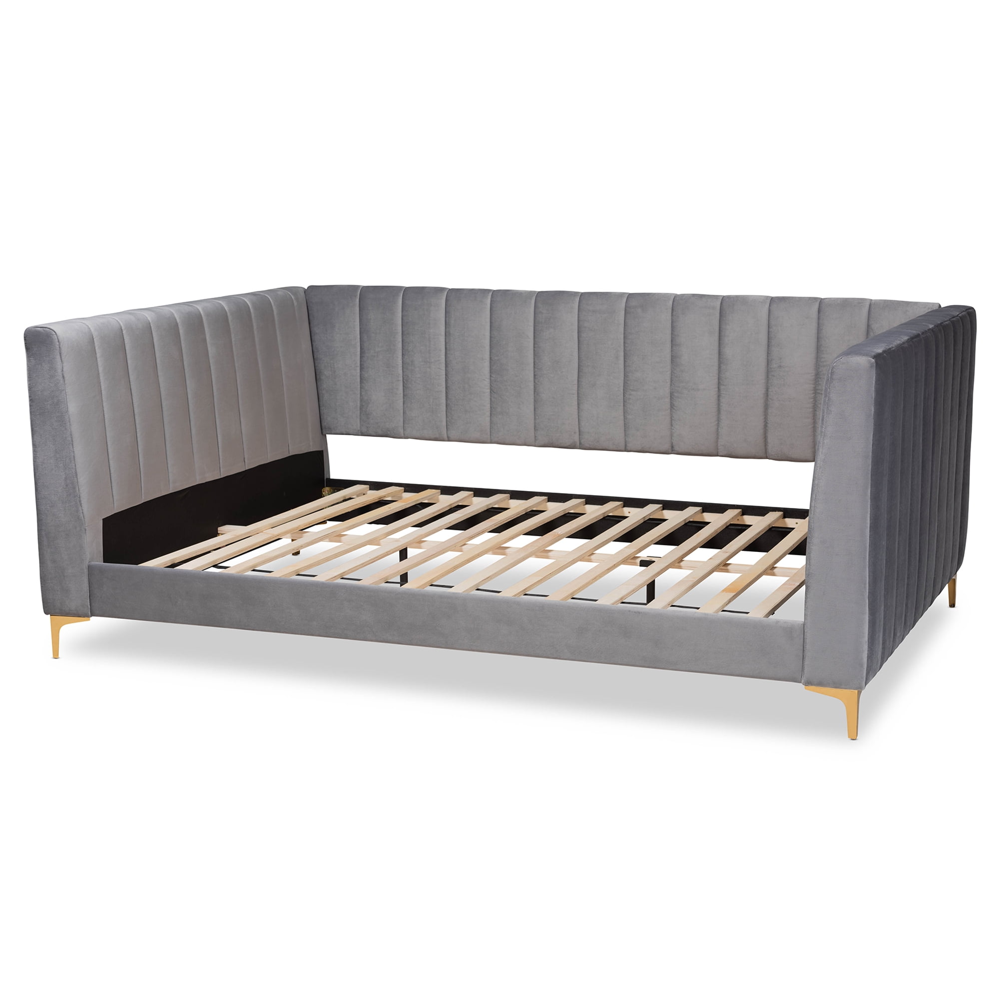 Baxton Studio Oksana Modern Contemporary Glam and Luxe Light Grey Velvet Fabric Upholstered and Gold Finished Queen Daybed