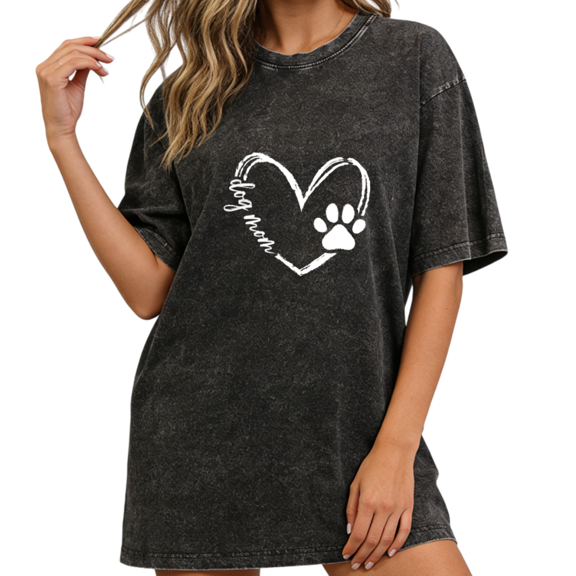 Women fun Dog Mom Heart Paw Print Sketch Graphic Tees T-Shirt Tops Round Neck Washed Cotton T-Shirt Black S-2XL Plus Size