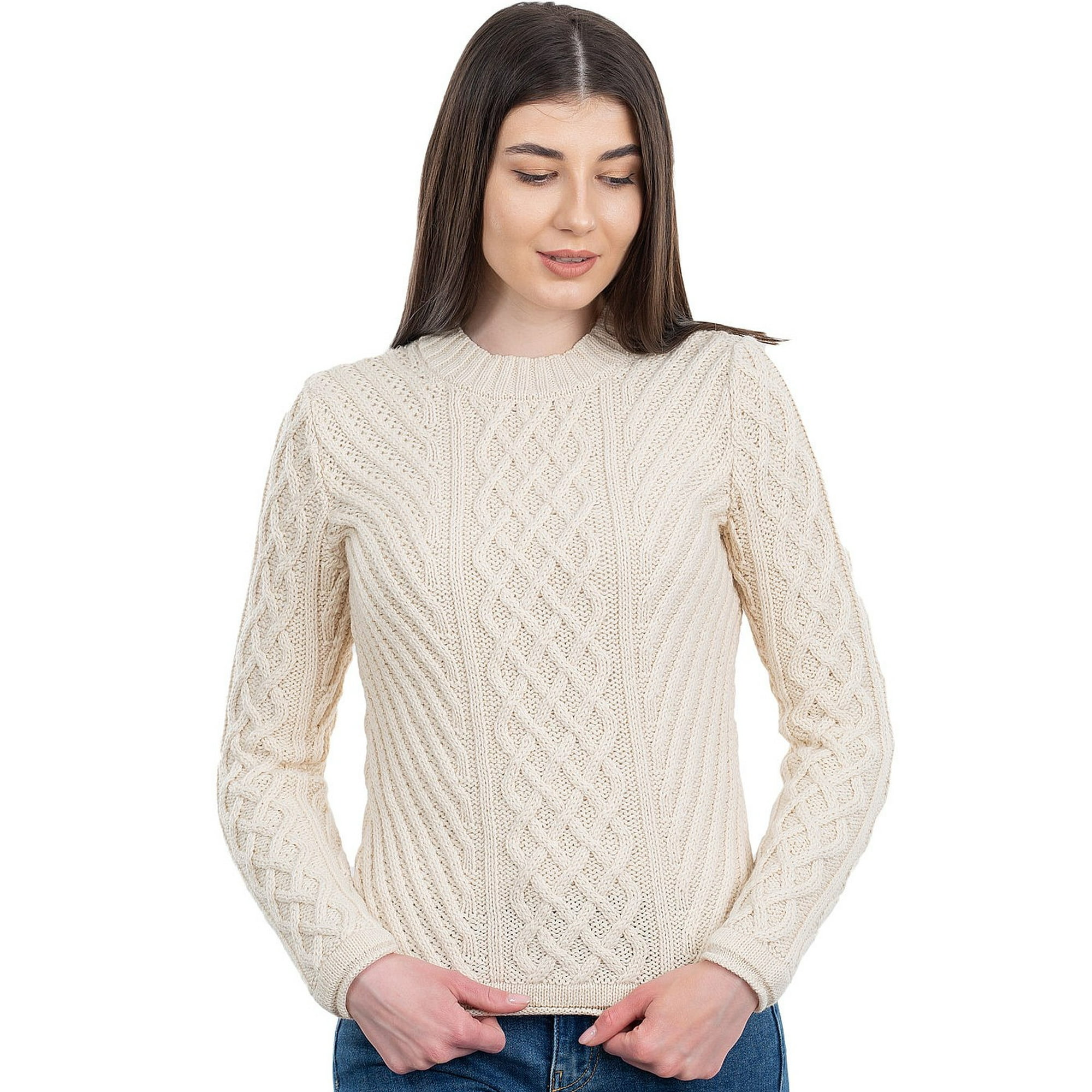 SAOL Irish Aran Fisherman Tunic Fitted Sweater Wool Blend Women's Crew Neck  Cable Knit Pullover - Walmart.com