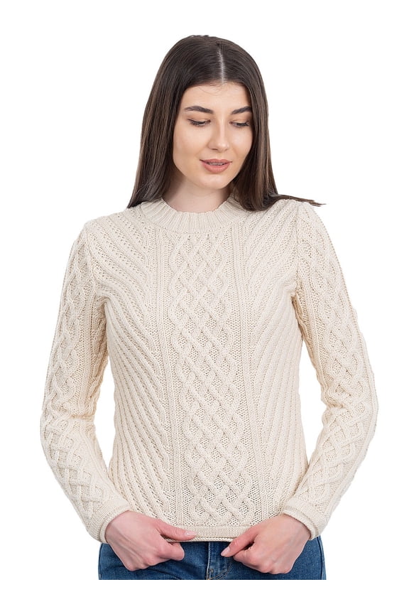 Irish Aran Fisherman Tunic Fitted Sweater Wool Blend Women's Crew Neck Cable Knit Pullover
