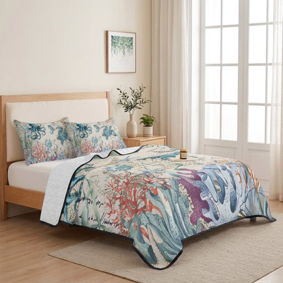3 Piece Summer Bed Quilt Set Twin XL Size,Nautical Sea Turtles Seaweed Lightweight Bedspread Coverlet with 2 Pillowcases Retro Ocean Octopus Starfish Soft Comforter Bedding Quilts for All Season