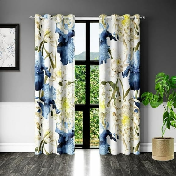 Floral Blackout Curtains Blue And Yellow Chrysanthemum Flower Leaves Printed Home Bedroom Living Room Decor Lush Botanical Plant Darkening Grommet Window Drapes 26"W x 45"L (Pack of 2)